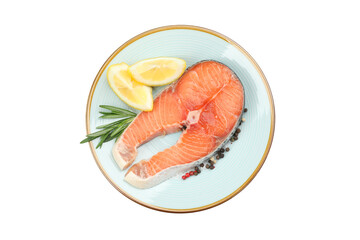 Plate with salmon meat and spices isolated on white background
