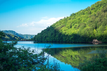 Fototapeta na wymiar side view of mountain lake in front of trees
