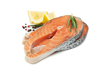 Fresh raw salmon meat and spices isolated on white background