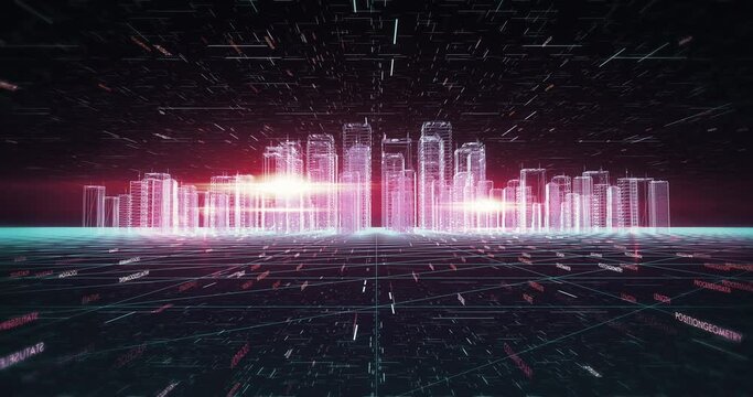 Futuristic Digital City. Digital Skyscrapers And Buildings With Flying Codes And Particles Network. Camera Slowly Moving Forward. Smart City And Technology Business Concept.