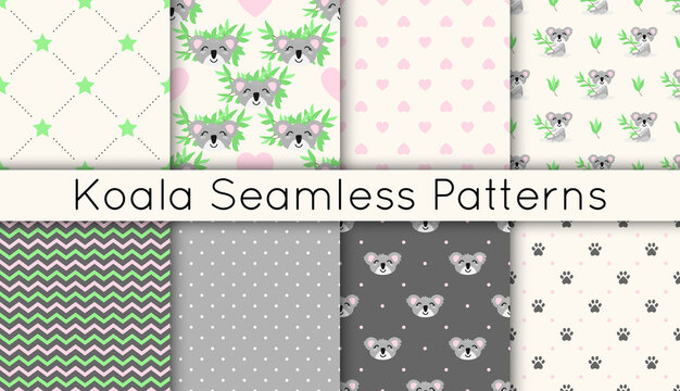 Set of 8 vector seamless patterns with cute koalas, eucalyptus branches, stars, hearts, zigzags. Collection of backgrounds in naive cartoon doodle with australian bear.