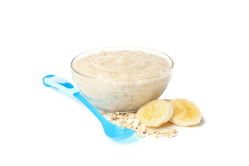 Bowl with healthy baby food isolated on white background