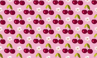 Seamless pattern with berries and cherry flowers on a pink background. For paper, covers, fabrics, gift wrapping, interior decoration. Simple design pattern for surface.