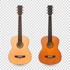 Obraz premium Vector 3d Realistic Classic Old Retro Acoustic Brown Wooden Guitar Icon Set Closeup Isolated on Transparent Background. Design Templte, Mockup, Clipart. Musical Art Concept