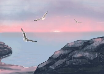 Obraz premium sea, coast, rocks, ocean, earth, water, landscape, pond, sunset, sun, horizon, seagulls, birds, height, stones, shore, beach, dream, peace, relaxation, excitement, dream, sky, clouds, beauty, pink, 