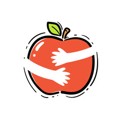 The Apple Doodle and the silhouette of hugging hand. Vector Illustration