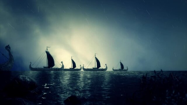 Fleet of Viking Ship Getting Close to Shore