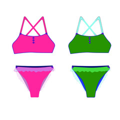Swimsuit flat icons isolated on white background. Pink and green colors. Template design, vector illustration. Summer bikini.