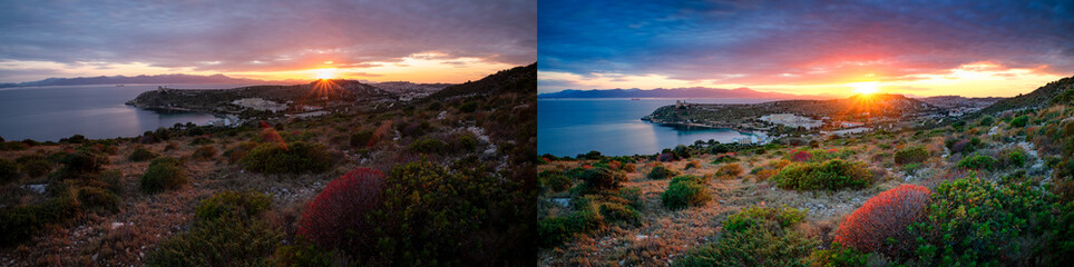 Before and after example of photo editing process, color correction,brightness and saturation of generic long exposure landscape at sunset.