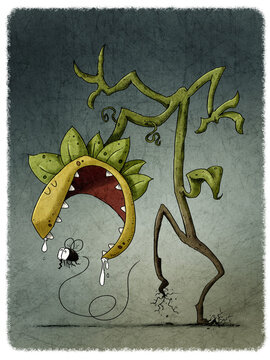 carnivorous plant walking behind a fly that is going to eat. funny illustration.