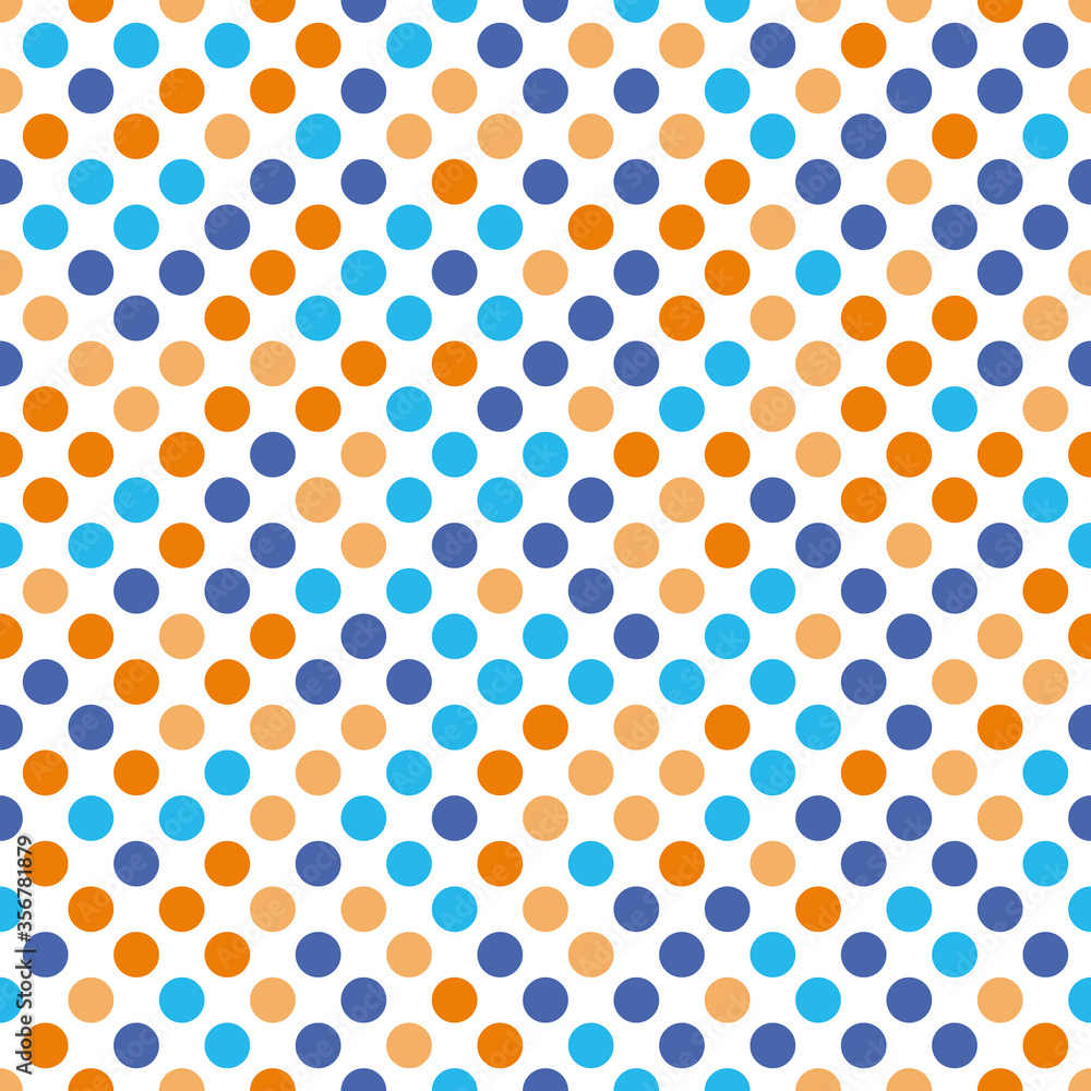 Poster seamless polka dot pattern. orange and blue dots in random sizes on white background. vector illustr