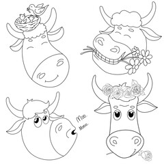 Set with the heads of cute bulls. Portrait. Cartoon bulls with flowers on their heads and in their mouths smile. Black and white vector illustration. Black outline on a white background.