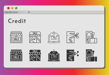 credit icon set. included online shop, shop, money, voucher icons on white background. linear, filled styles.