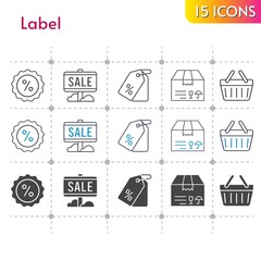label icon set. included sale, package, price tag, discount, shopping-basket, shopping basket icons on white background. linear, bicolor, filled styles.