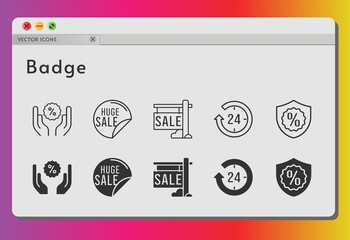 badge icon set. included sale, 24-hours, discount, warranty icons on white background. linear, filled styles.