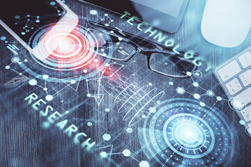 Multi exposure of technology theme drawing over work table desktop. Top view. Global data analysis concept.