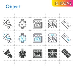 object icon set. included megaphone, shop, discount, stopwatch icons on white background. linear, bicolor, filled styles.