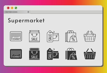 supermarket icon set. included shopping bag, shopping-basket, barcode, shopping basket icons on white background. linear, filled styles.