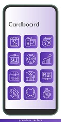 cardboard icon set. included calendar, gift, newsletter, shopping bag, profits, online shop, 24-hours, package, shirt, mortgage, money, stopwatch icons on phone design background . linear styles.