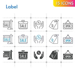 label icon set. included gift, sale, price tag, discount, open icons on white background. linear, bicolor, filled styles.