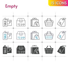empty icon set. included shopping bag, package, price tag, shopping-basket, shopping basket icons on white background. linear, bicolor, filled styles.