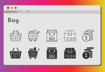 bag icon set. included shopping bag, package, money, shopping cart, shopping-basket, shopping basket icons on white background. linear, filled styles.