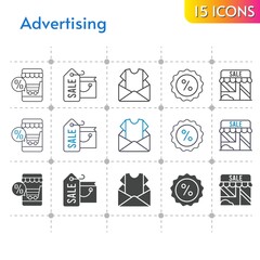 advertising icon set. included online shop, shopping bag, newsletter, shop, discount icons on white background. linear, bicolor, filled styles.