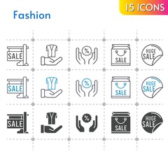 fashion icon set. included shopping bag, sale, jacket, discount icons on white background. linear, bicolor, filled styles.