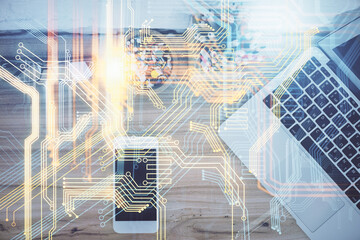 Double exposure of map hologram drawing over desktop. Top view. International connection concept.