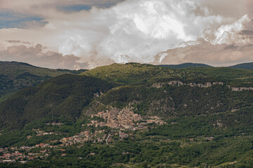 Panorama of Pesche, common in the province of Isernia, in Molise, perched along the steep slopes of...