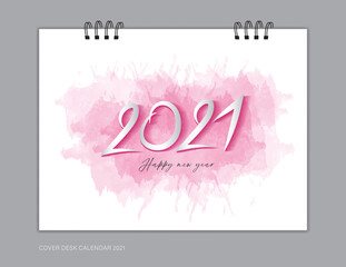 Cover Desk Calendar 2021 year template, book cover design, brochure, flyer, advertisement. 2021 text design on pink watercolor background, corporate design, vector illustration