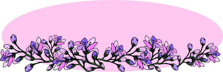 Sakura wreath pink background sunset greeting card business card vector hand drawing