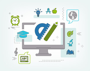 elearning vector illustration. Concept with icons related to virtual classroom, distance learning, online education or electronic learning via computer or internet.