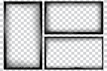 Vector illustration. Set of frames in grunge style. Dirty frame. Black paint. Transparent background. Design elements for banner, poster