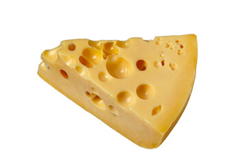A slice of Emmental cheese lies on a white background. Isolated
