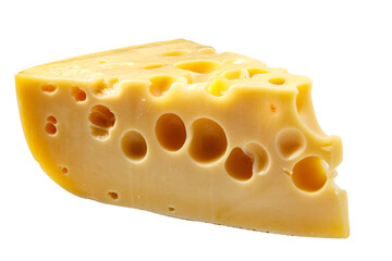A slice of Emmental cheese lies on a white background. Isolated