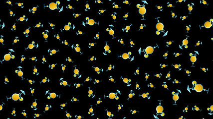 Endless seamless pattern of beautiful glass glasses with tasty alcoholic cocktails with ice and straws with lemons for a party on a black background. Vector illustration