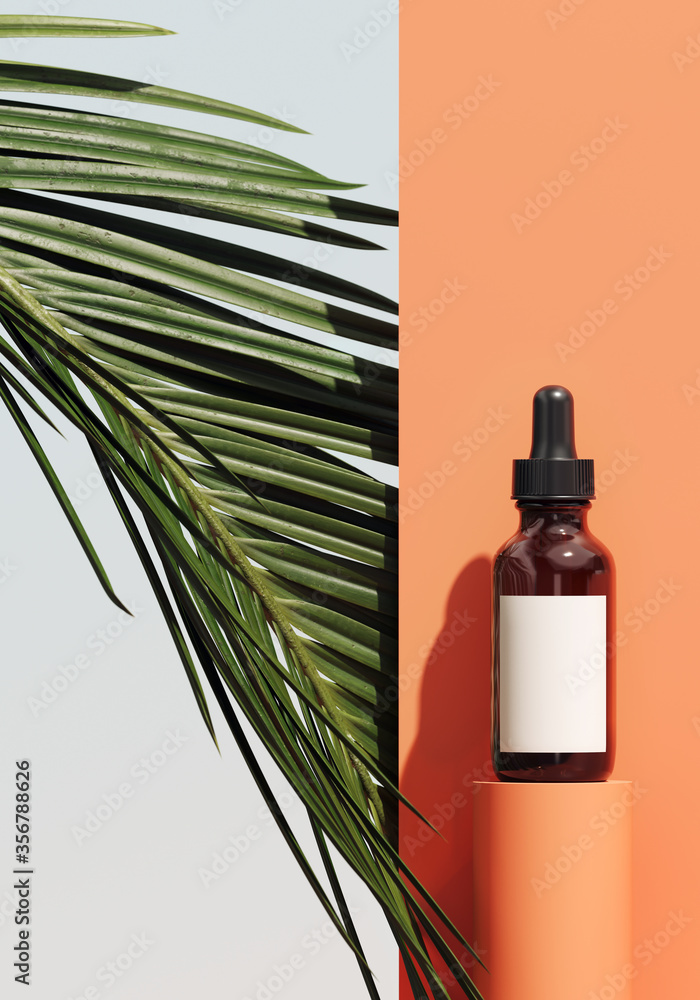 Poster minimal cosmetic background for product presentation. cosmetic bottle podium and green palm leaf on 