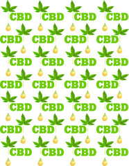 Vector illustration - CBD, oil drop and marijuana plant pattern on transparent background