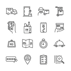 Vector black delivery icons on white. Food delivery service. Set of icons for delivery truck, order tracking, safe delivery. Vector outline icon with editable stroke