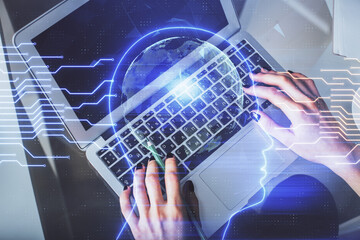 Double exposure of woman working on computer andhuman brain hologram drawing. Top View. Ai concept.