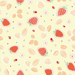 Vector cute strawberry summer pattern. Graphic modern cut out repeating design. Hand drawn berry fruit pattern with leaf and blossom on cream colored background. Hand drawn pastel backdrop.