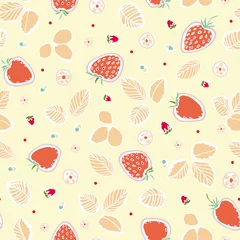Muurstickers Vector cute strawberry summer pattern. Graphic modern cut out repeating design. Hand drawn berry fruit pattern with leaf and blossom on cream colored background. Hand drawn pastel backdrop. © Corpholia Design 