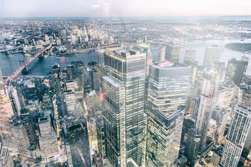 Spectacular aerial view of Manhattan skyline on a beautiful nigh