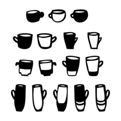 The set of cups for coffee and tea in graphical style. The black and white hand drawn isolated cups on white background. Simple and elegant design for prints and decorations