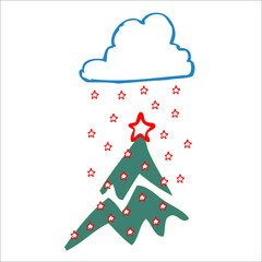 
Isolated stylized fir with red star on top, white background. Falling from cloud stars in red line with white heart. The miracle and festive mood. Simple and elegant design for Christmas, New Year