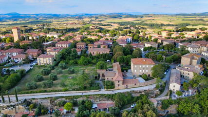 Fototapeta na wymiar Pienza, Tuscany. Aerial view at sunset of famous medieval town