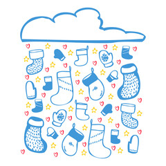 Cute illustration with socks, hearts and stars falling out of cloud, white background. Blue, golden and red colours. Design for decorations for Christmas and New Year. Good for prints and cards. 