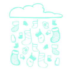 Cute illustration with socks falling out of cloud in simple graphic style, white background. Light blue colour. Design for decorations for Christmas and New Year. Good for prints and cards. 