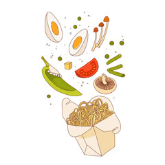 Noodles in a box. Healthy food delivery. Vector hand-drawn sketch.